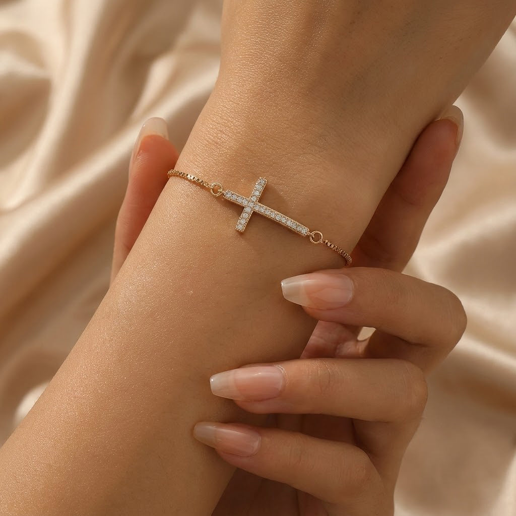 Pavé Diamond Sideways Cross Bolo Bracelet